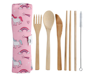 Enchanted Rainbow Unicorn - 100% Natural Bamboo Cutlery 6 Piece Set in Canvas Holder