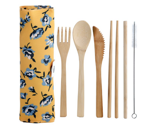 Peony Pick of the Bunch - 100% Natural Bamboo Cutlery 6 Piece Set in Canvas Holder