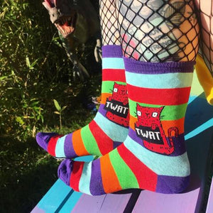 Twat Rainbow Socks - Sweary Cat Socks - Red Cat - Katie Abey Socks