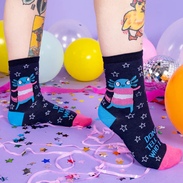 Don't Tell Me Who I am Axolotl Trans Pride Socks - Katie Abey Socks