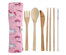 Load image into Gallery viewer, Enchanted Rainbow Unicorn - 100% Natural Bamboo Cutlery 6 Piece Set in Canvas Holder