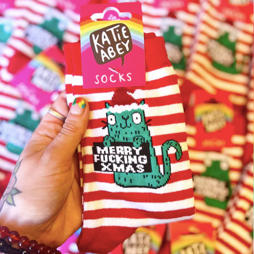 Merry F*ing Christmas Socks - Sweary Cat Socks - Katie Abey Socks - Funny Socks