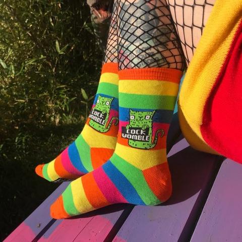 Cock Womble Rainbow Socks - Sweary Cat Socks - Green Cat - Katie Abey Socks