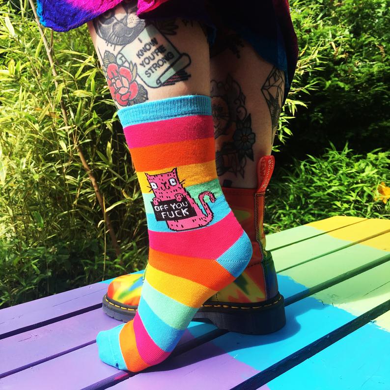 Off You F*ck Rainbow Socks - Sweary Cat Socks - pink Cat - Katie Abey Socks - Funny Socks