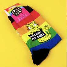 Load image into Gallery viewer, Proud As F*ck Rainbow Socks - Sweary Cat Socks - yellow Cat - Katie Abey Socks - Funny Socks